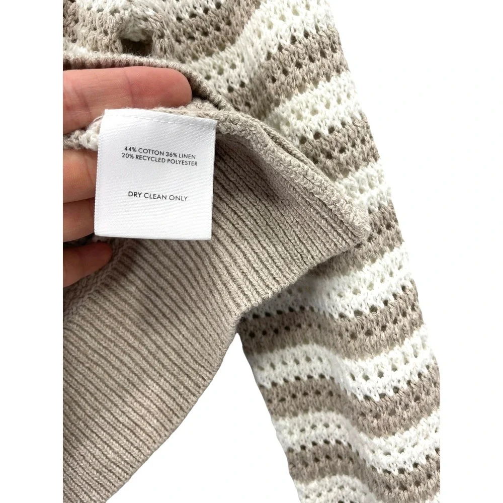 White + Warren striped knit cotton linen sweater‎ Size S tan white crochet boho